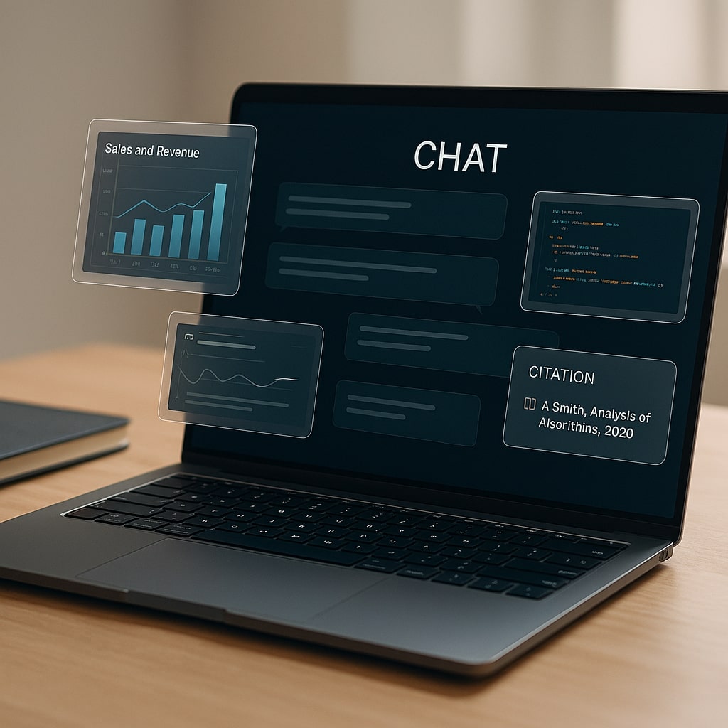 Laptop chat interface with code, charts, and cited answers—AI chat assistants comparison.