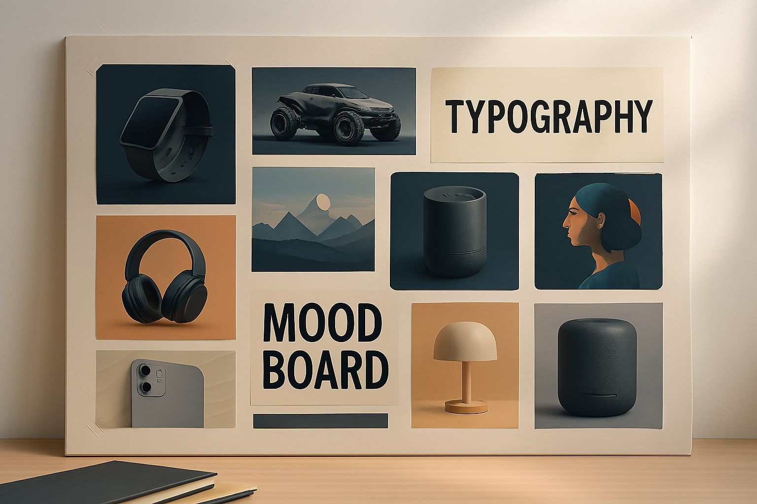 Designer mood board with product renders, concept art, and typography—AI image generation tools.
