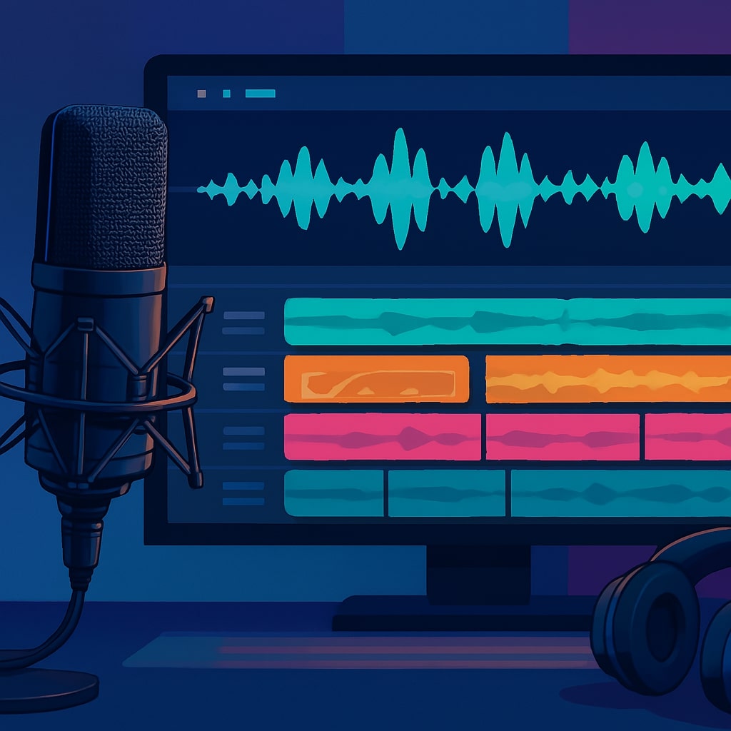 Digital studio with microphone, waveform, and multitrack stems—AI music generators for songs and vocals.