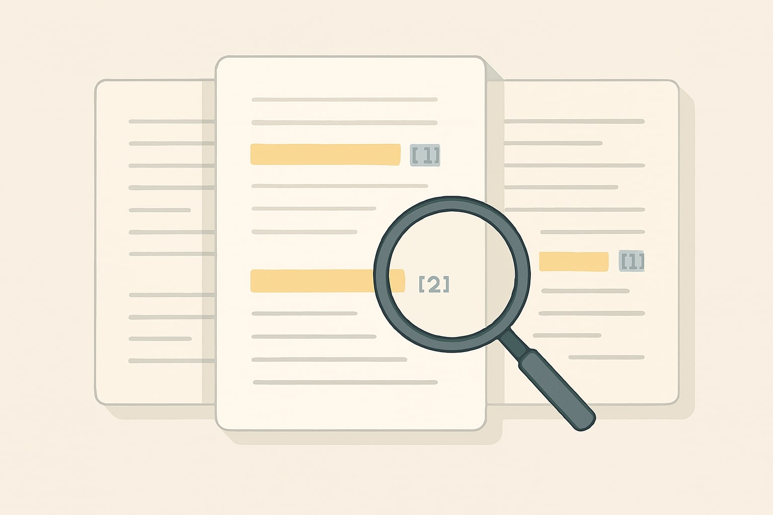 Layered documents with highlighted citations and magnifying glass—AI research and academic search tools.