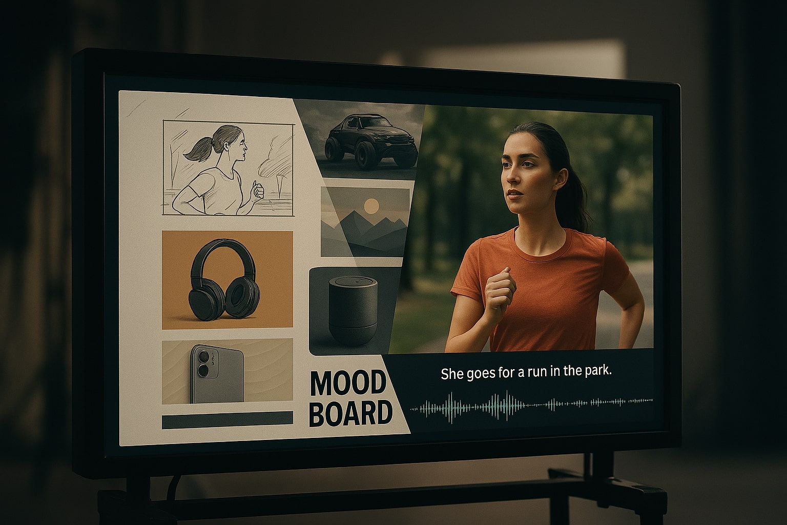 Director’s monitor where storyboard frames morph into a polished clip with audio waveforms—AI video generators.
