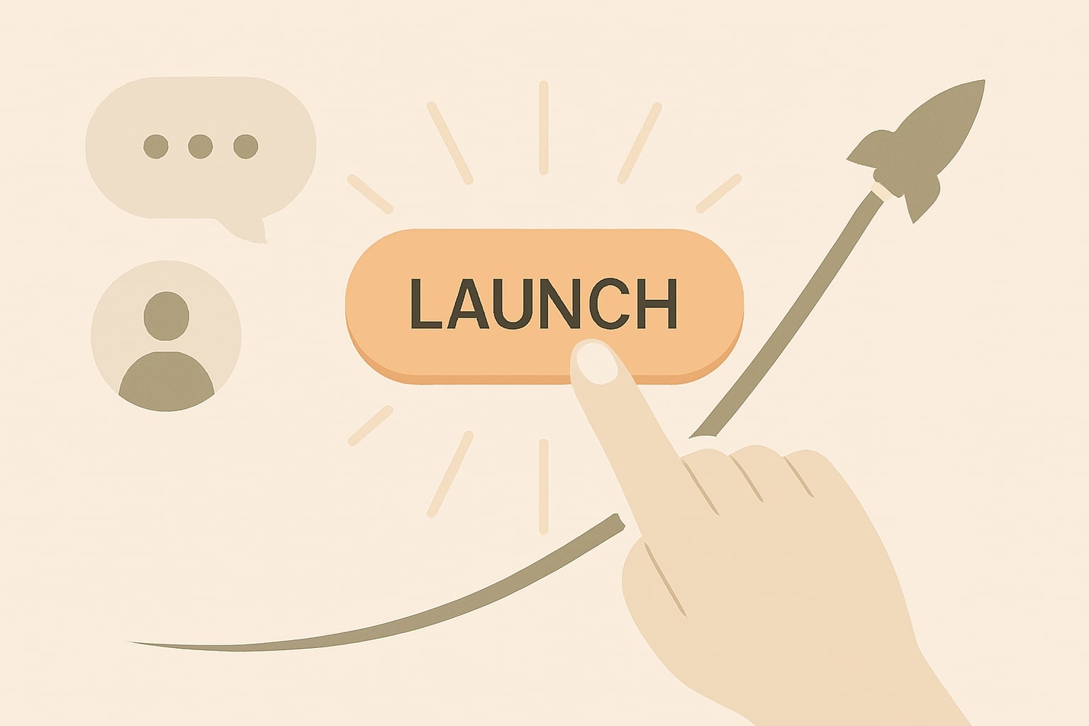 Marketer pressing a launch button with upward trajectory and subtle chat/contact cues