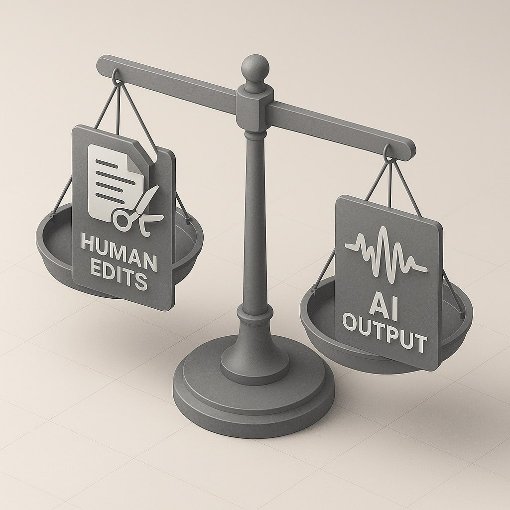 3D legal scale balancing ‘Human Edits’ and ‘AI Output