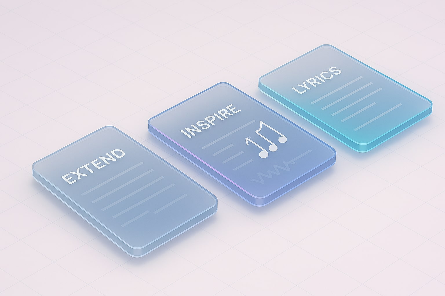 3D UI cards showing Extend, Inspire, and Lyrics panels.