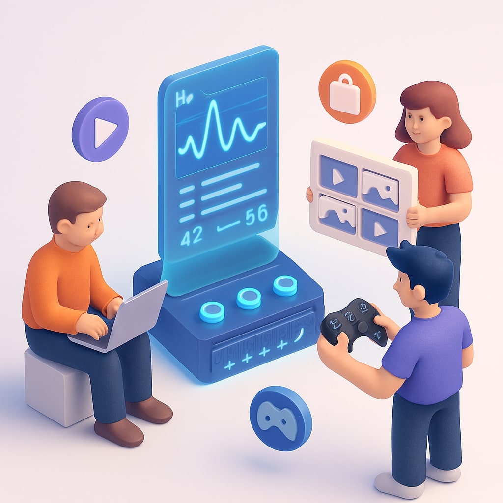 3D personas—founder, marketer, and indie developer—collaborating around an AI music workstation