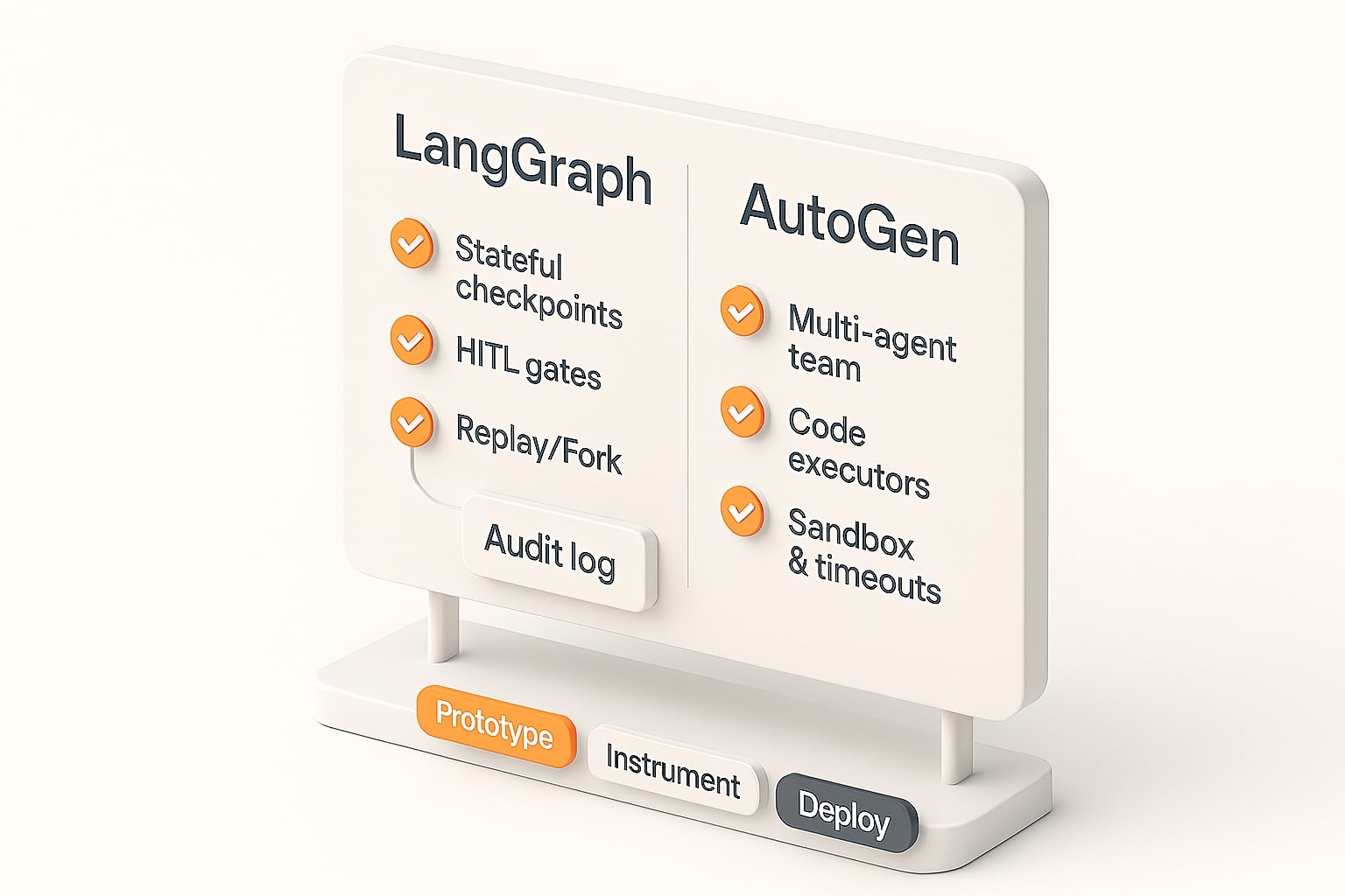 3D decision checklist contrasting LangGraph vs AutoGen action items