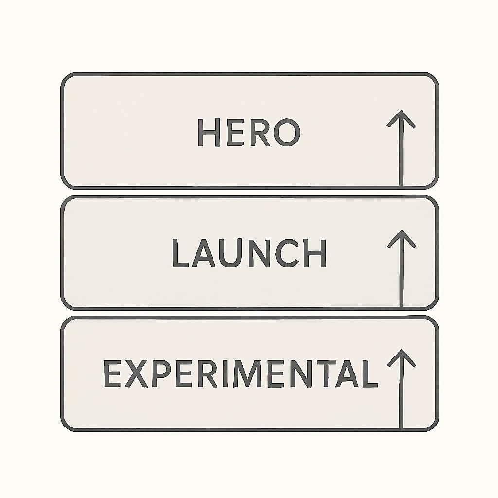 Laddered budget tiers labeled Hero, Launch, Experimental with arrows upward
