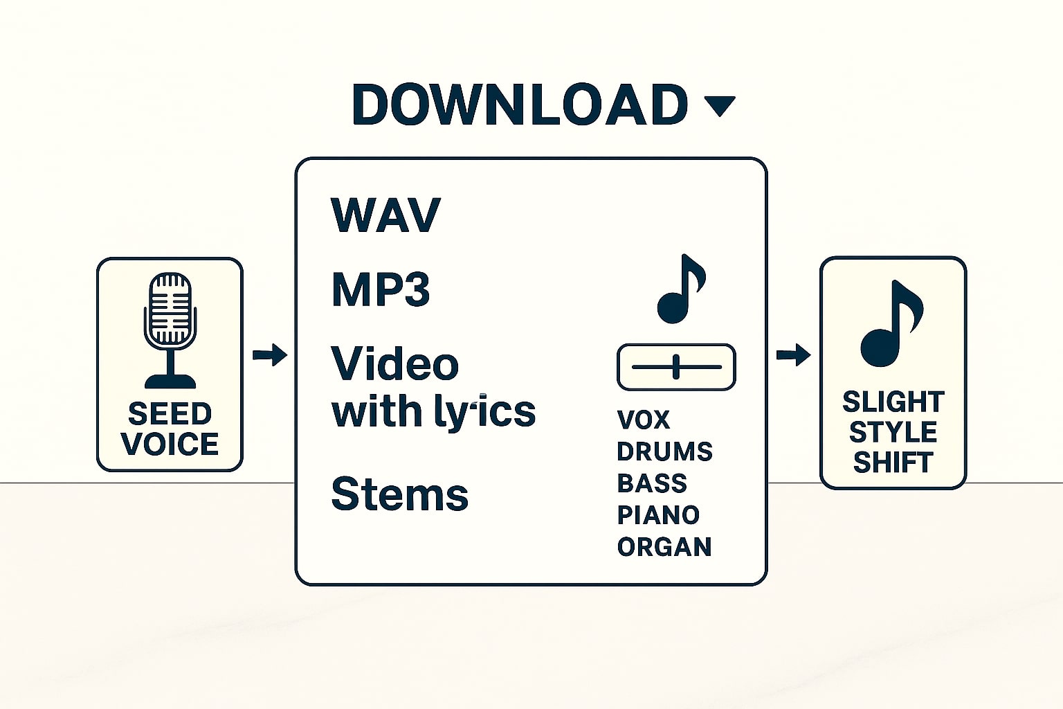 Udio export options for WAV, MP3, lyric video, and stems