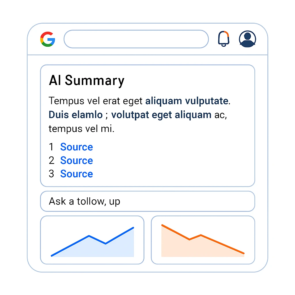 Ilustrasi antarmuka Google AI Mode amenampilkan ringkasan jawaban, tautan pendukung, dan kolom tanya lanjut