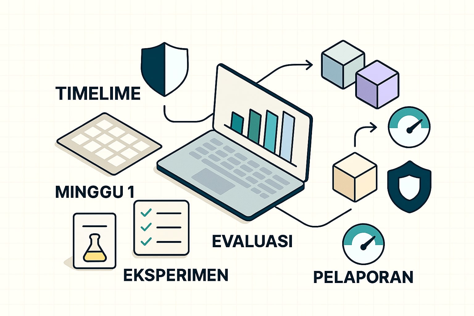 Ilustrasi langkah lanjut penerapan benchmark reasoning, KPI dua minggu, rute multi model GPT 5, Claude, Gemini, metrik biaya dan latensi.