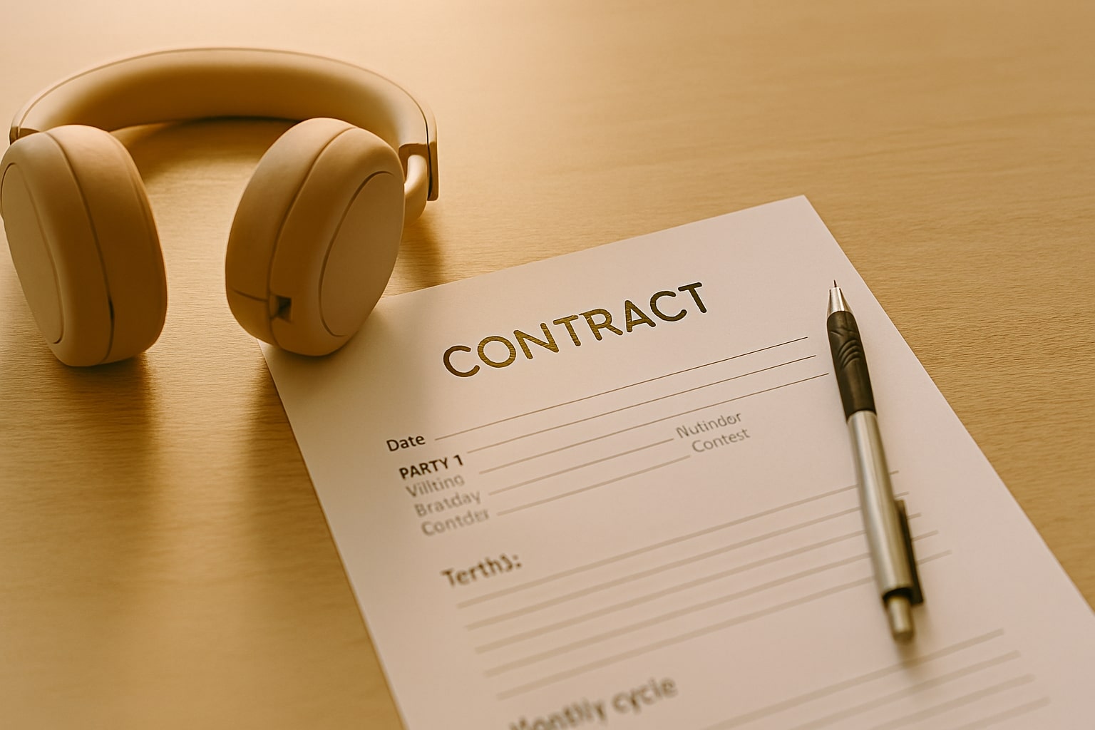 Contract and headphones on table symbolizing Suno commercial rights