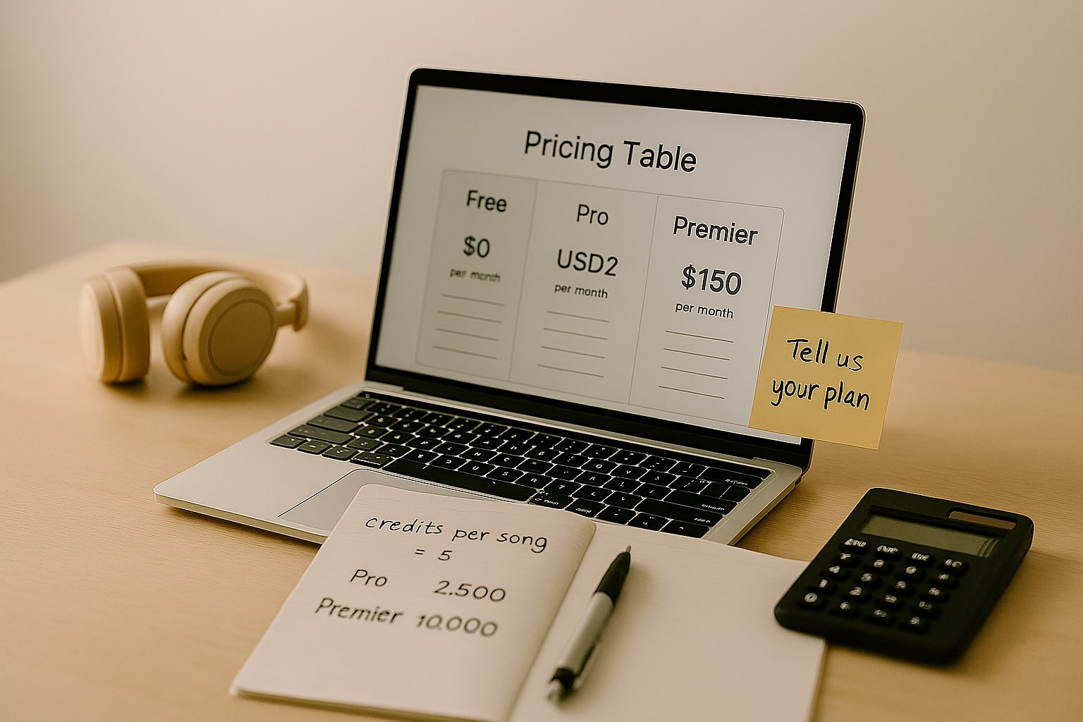 Suno pricing closing image, creator ready to comment with calculator, credits notes, and laptop on a clean desk