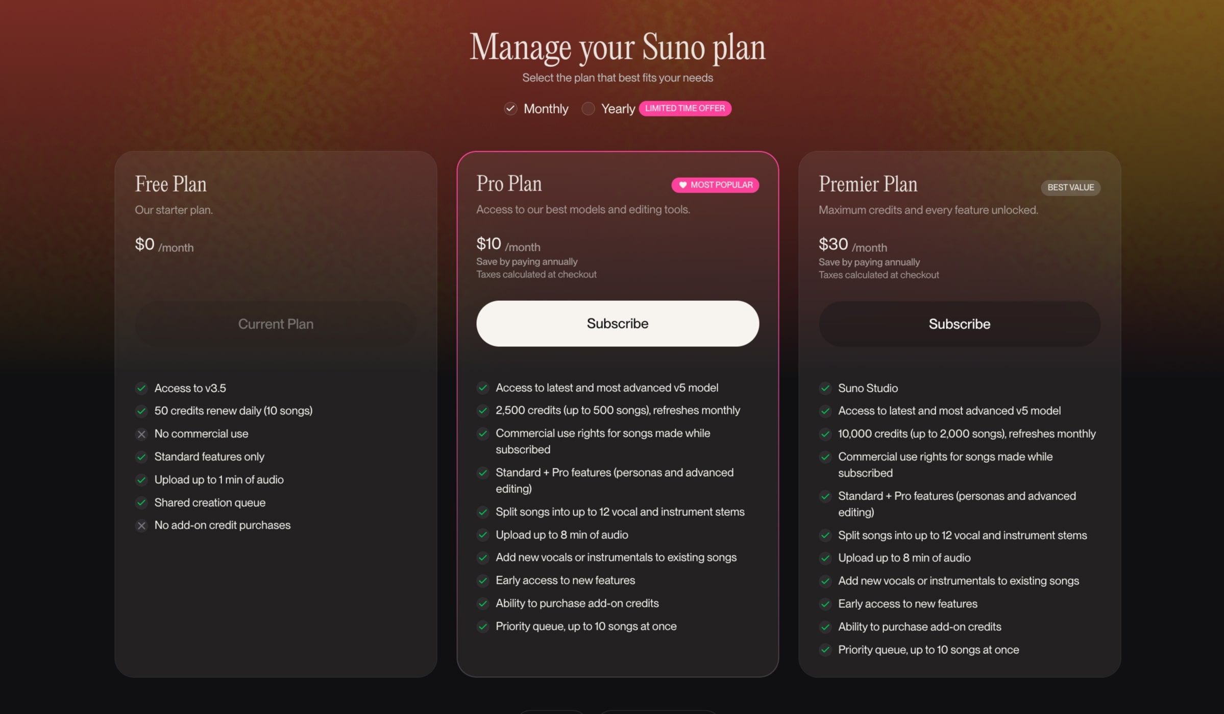 Suno pricing overview board with free, Pro, Premier cards