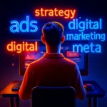 Isometric 3D office scene with an ads specialist at an ultrawide monitor and glowing floating words ads, strategy, digital marketing, meta